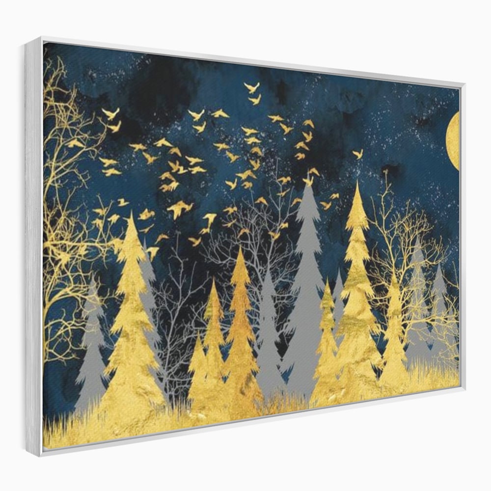 Tablou canvas cu tablou canvas cu padure aurie noaptea, in rama de aluminiu argintiu